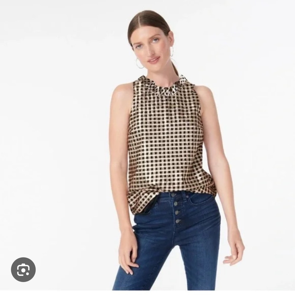 J. Crew Black and Cream Checkered Blouse
